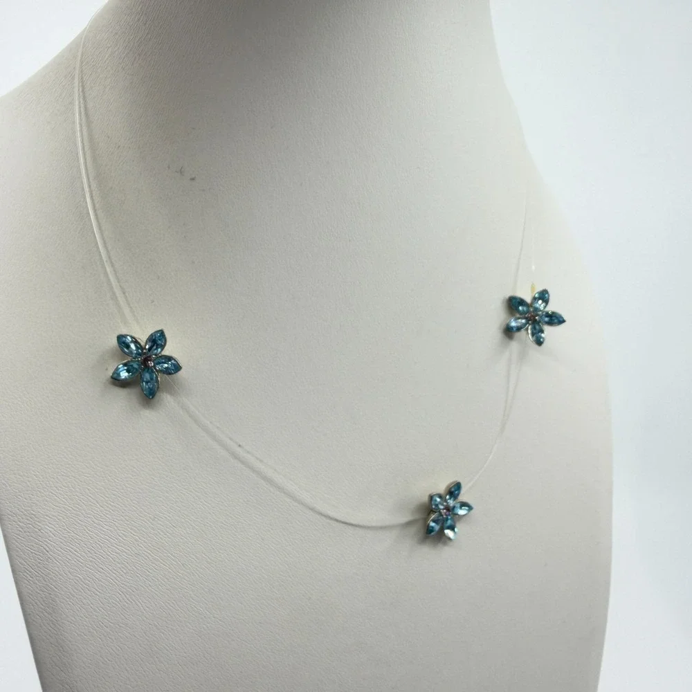 Blue Crystal Flower Illusion Necklace Floating Gem Dainty Boho Wedding Jewelry